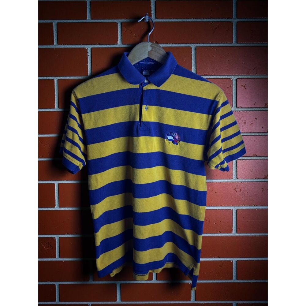 Tommy Hilfiger Men's Small Yellow Blue Striped Polo Shirt Flag Crest Logo